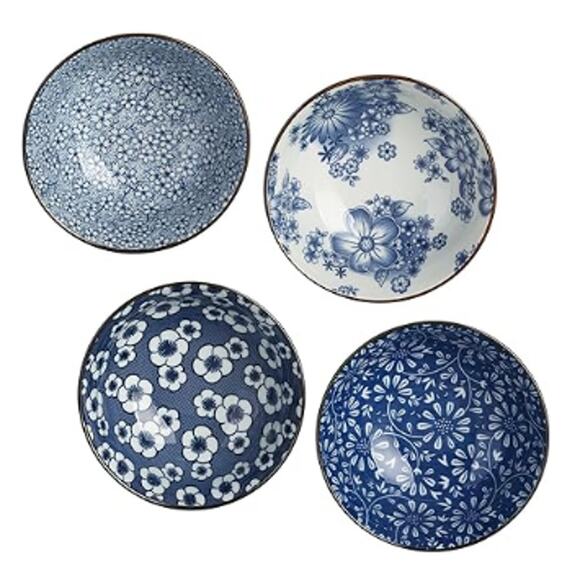 16 oz Japanese Porcelain Rice Bowl, Blue Bowl Set of 4 - Picture 3 of 5